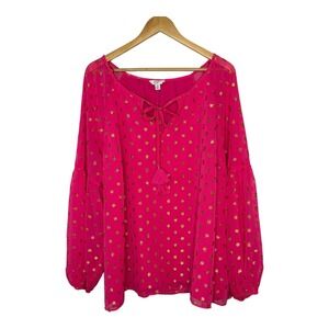 Crown & Ivy Pink Fuchsia‎ Peasant Top Gold Foil Dots Women Plus Size 3X